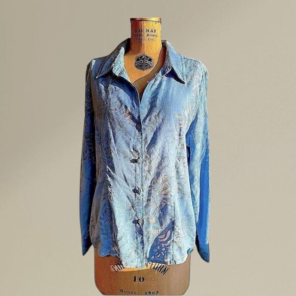 Vintage Sag Harbor Blue Semi sheer glittery long sleeve shirt size 16 - Picture 1 of 15